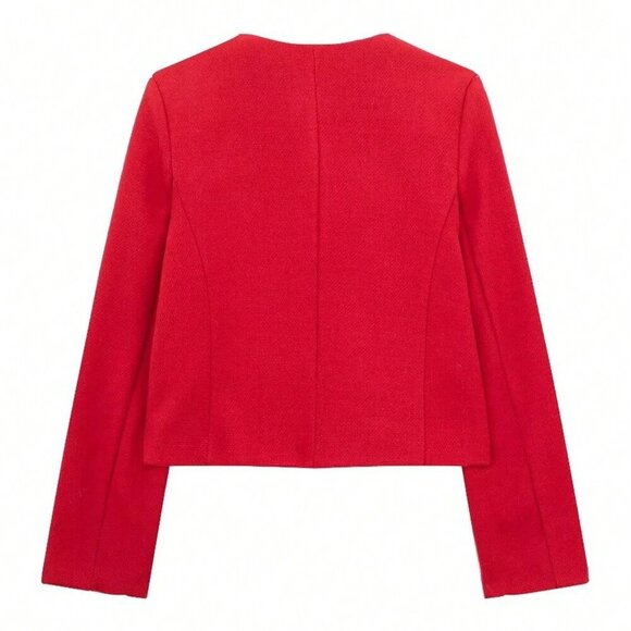 Red Elegant Women's Casual Tweed Jacket Decorated Long Sleeves Coat - Picture 5 of 8